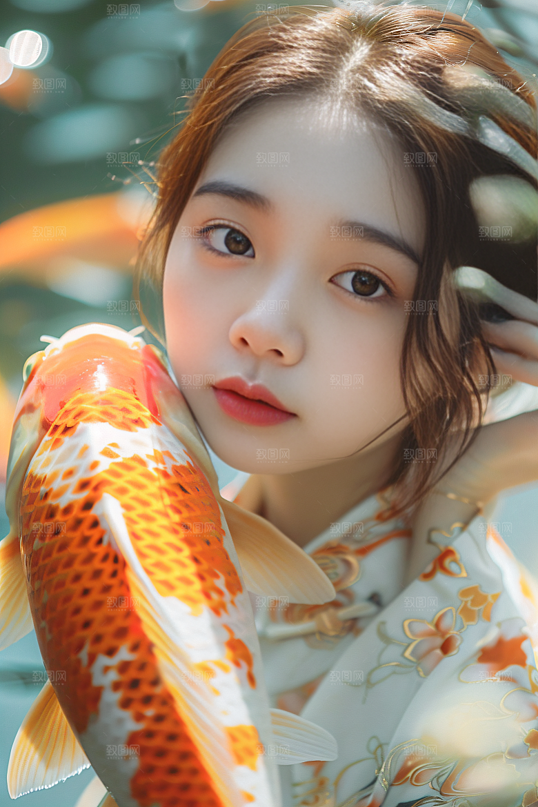 锦鲤汉服美女优雅古风素材