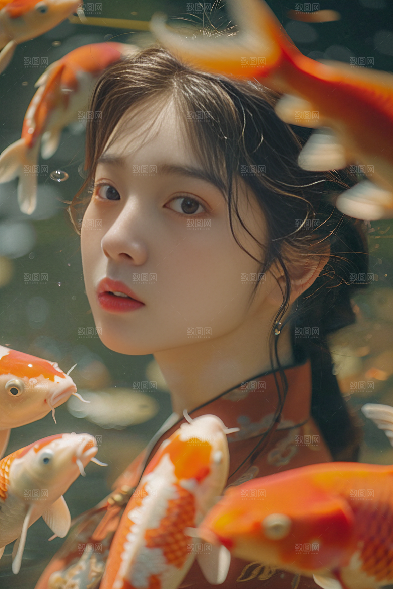 锦鲤汉服美女精致吉祥素材