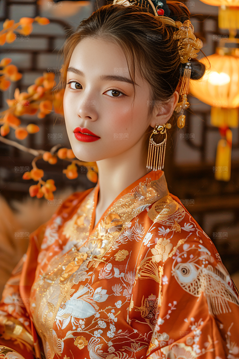锦鲤汉服美女唯美传统素材
