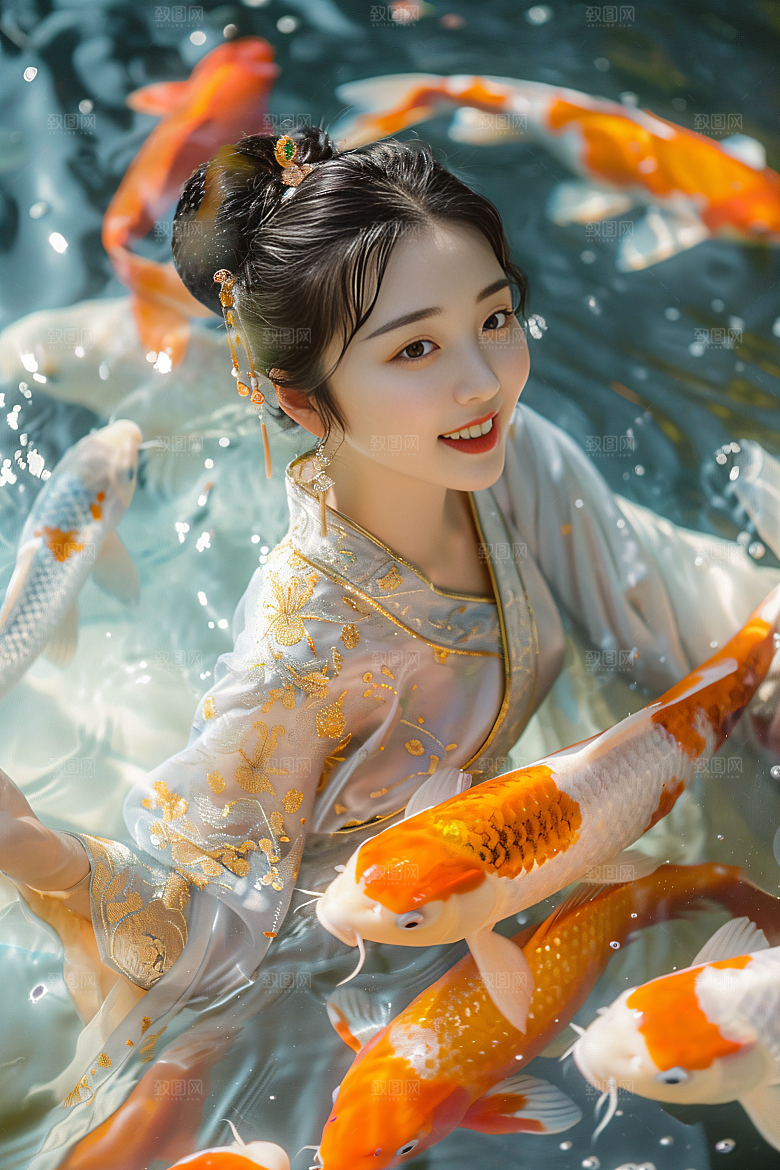 锦鲤汉服美女传统吉祥素材