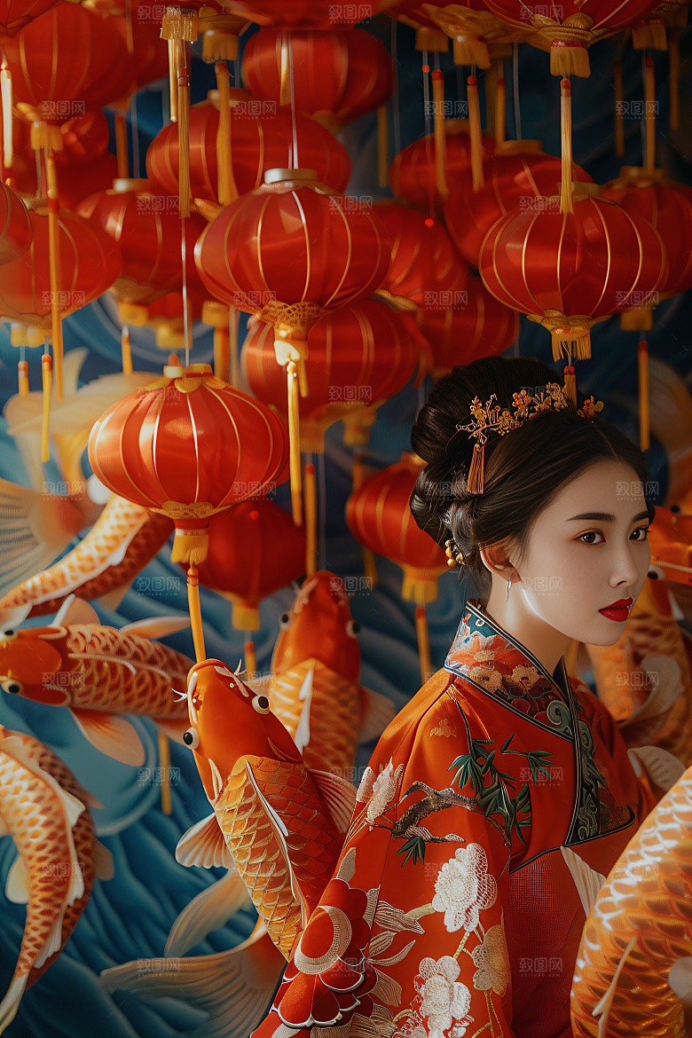 锦鲤汉服美女精致中国风素材