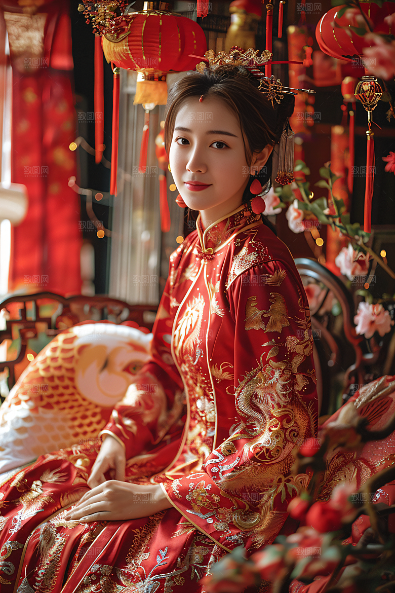 锦鲤汉服美女吉祥传统素材