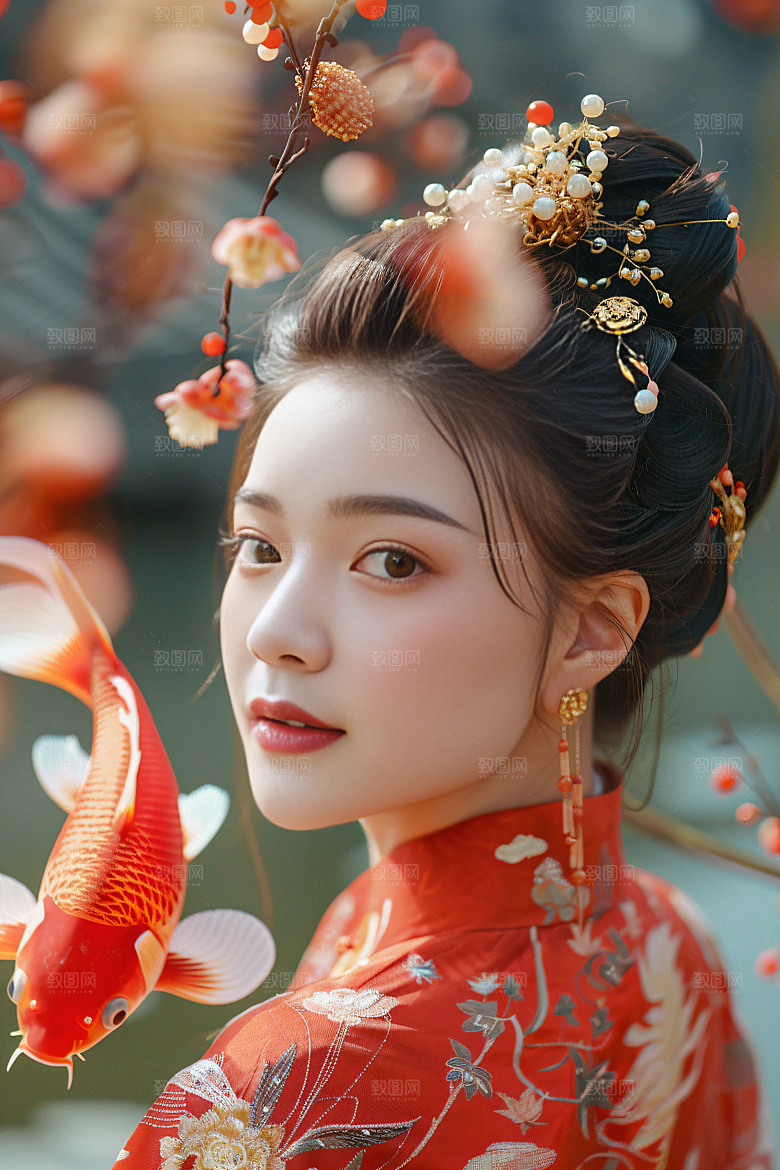 锦鲤汉服美女金鱼唯美素材