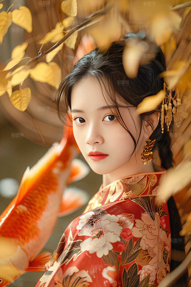 锦鲤汉服美女精致中国风素材
