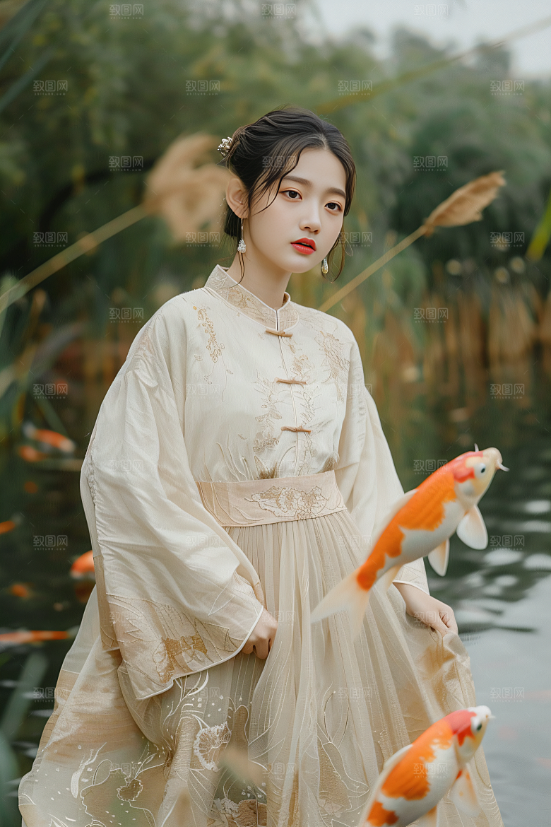 锦鲤汉服美女肖像古风素材