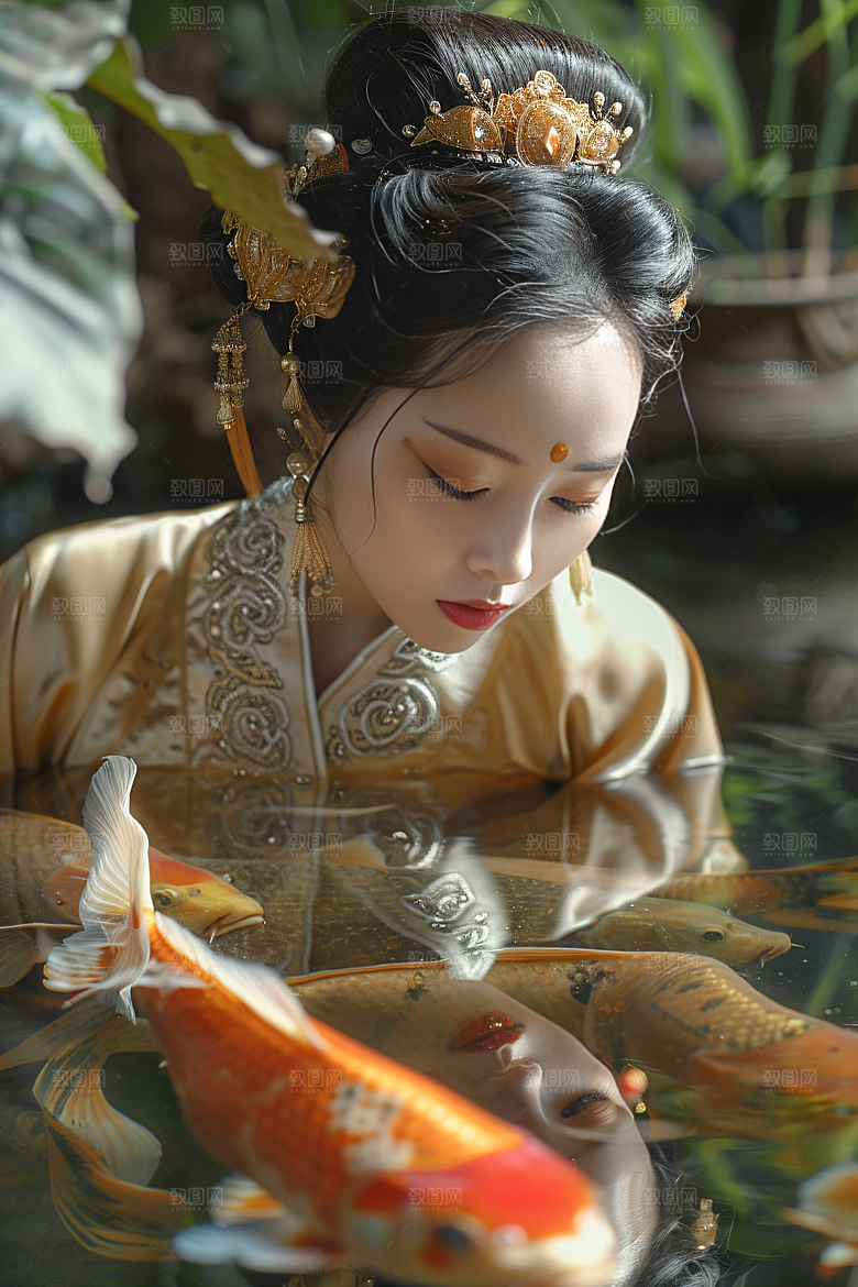锦鲤汉服美女高清金鱼素材