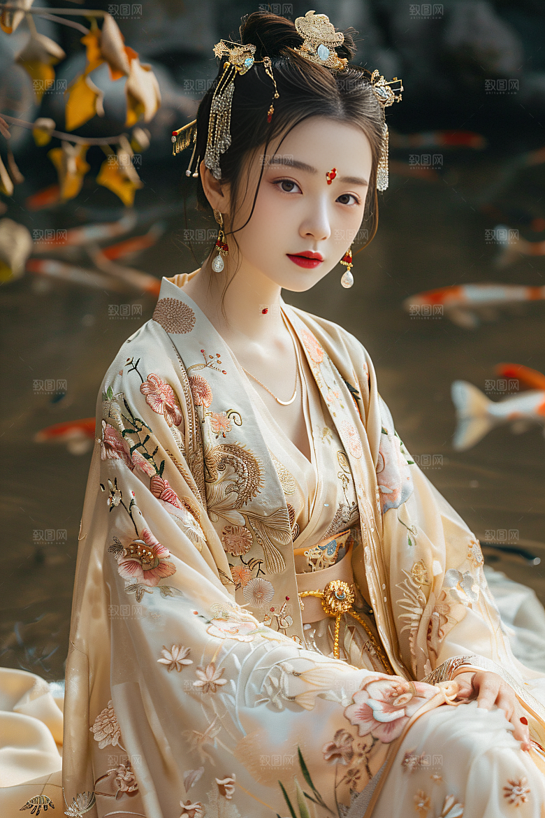 锦鲤汉服美女传统优雅素材