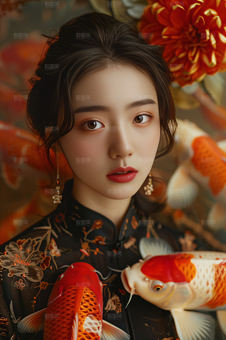 锦鲤汉服美女古风金鱼素材