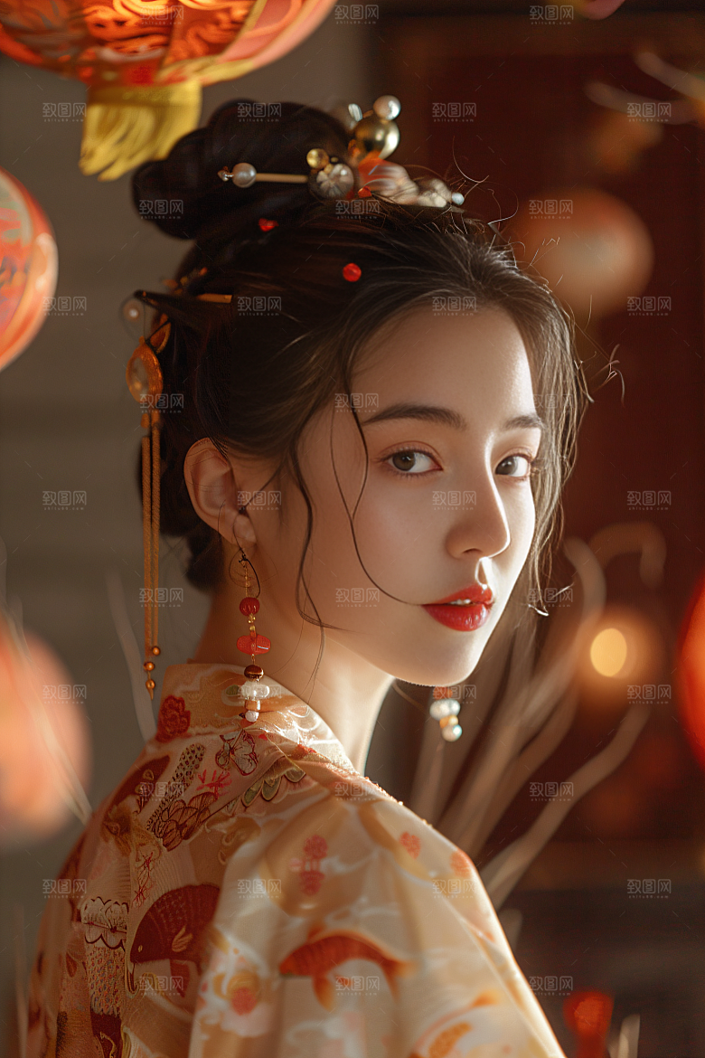 锦鲤汉服美女古风传统素材