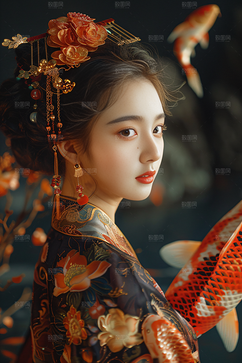 锦鲤汉服美女高清精致素材