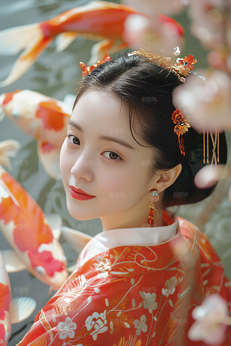 锦鲤汉服美女精致金鱼素材