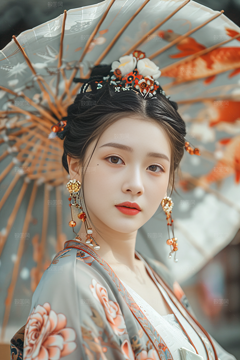 锦鲤汉服美女金鱼古风素材