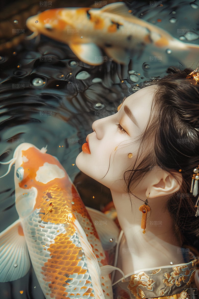 锦鲤汉服美女古风优雅素材
