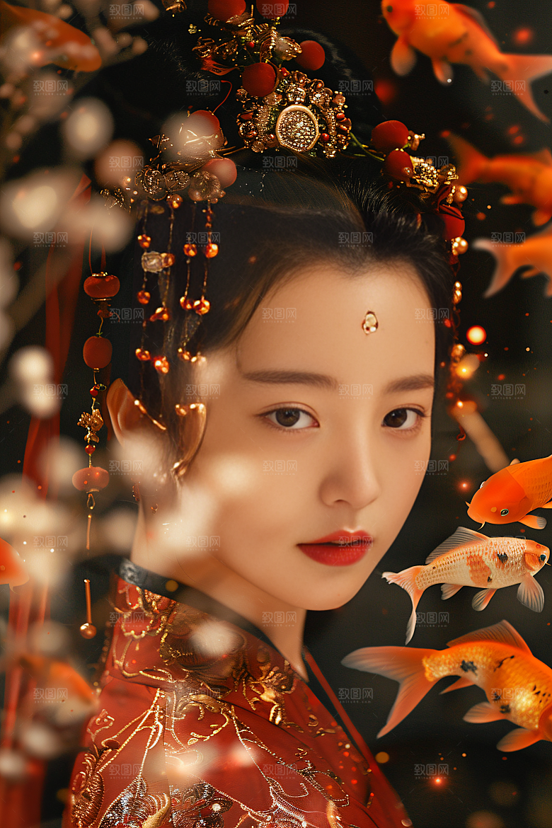 锦鲤汉服美女金鱼古风素材