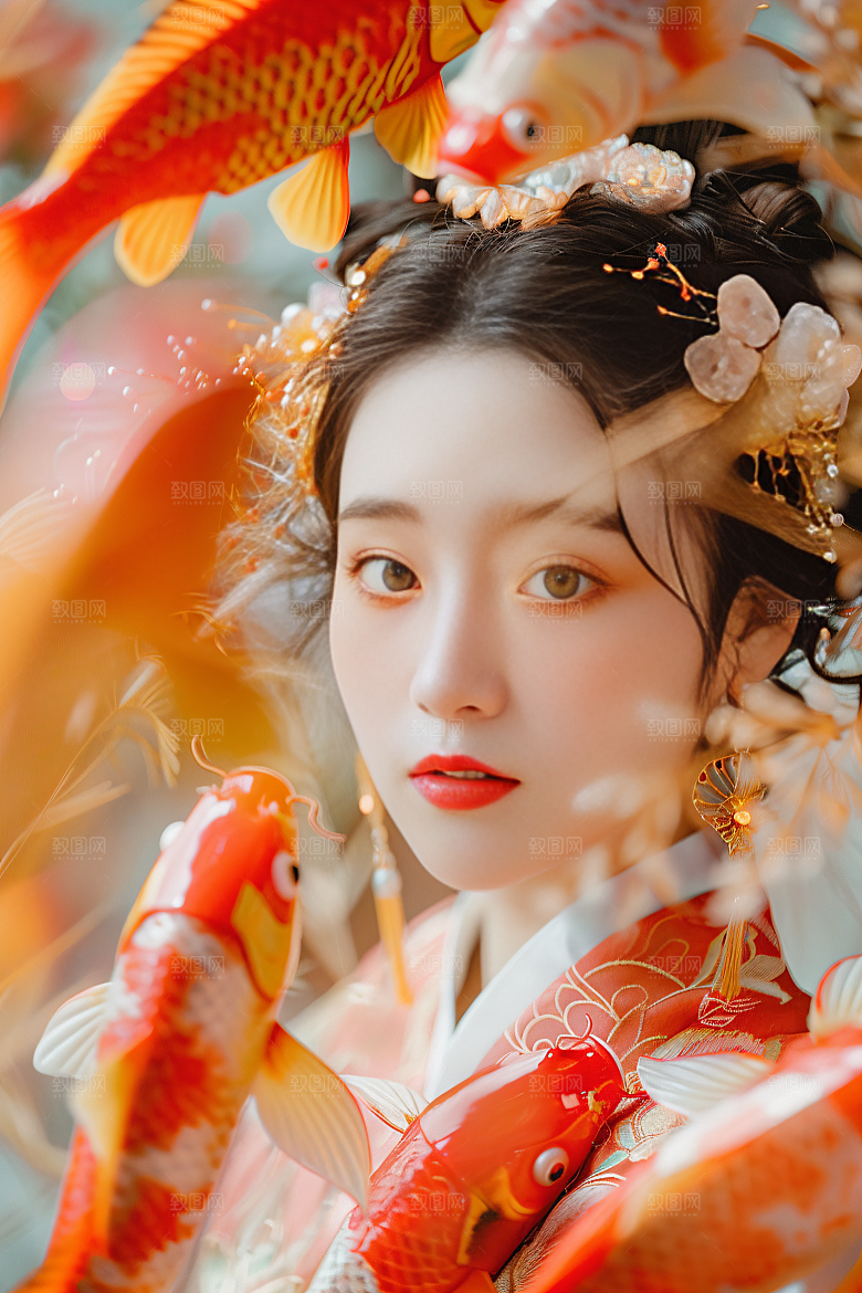 锦鲤汉服美女肖像吉祥素材