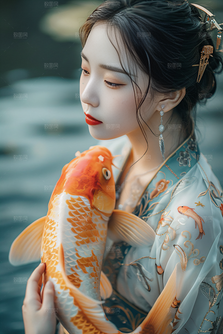 锦鲤汉服美女精致传统素材