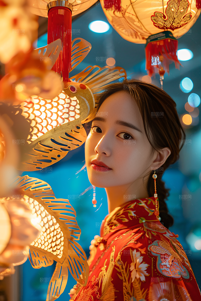 锦鲤汉服美女肖像传统素材