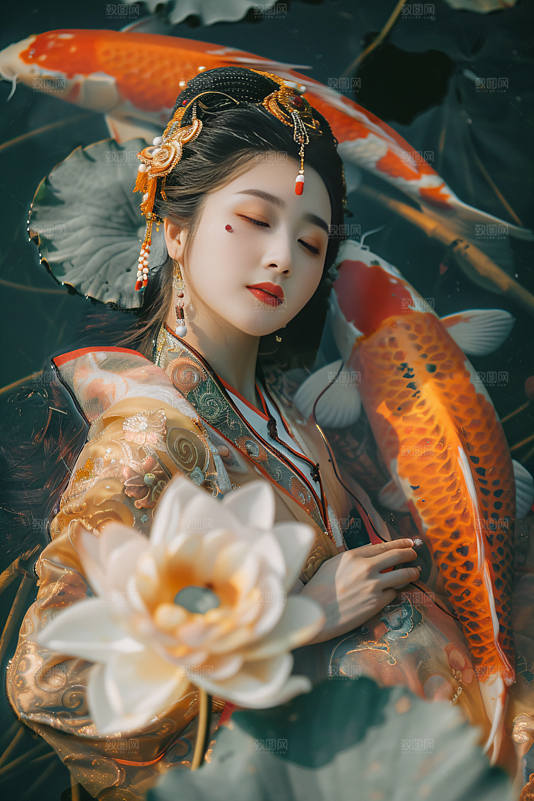 锦鲤汉服美女肖像优雅素材