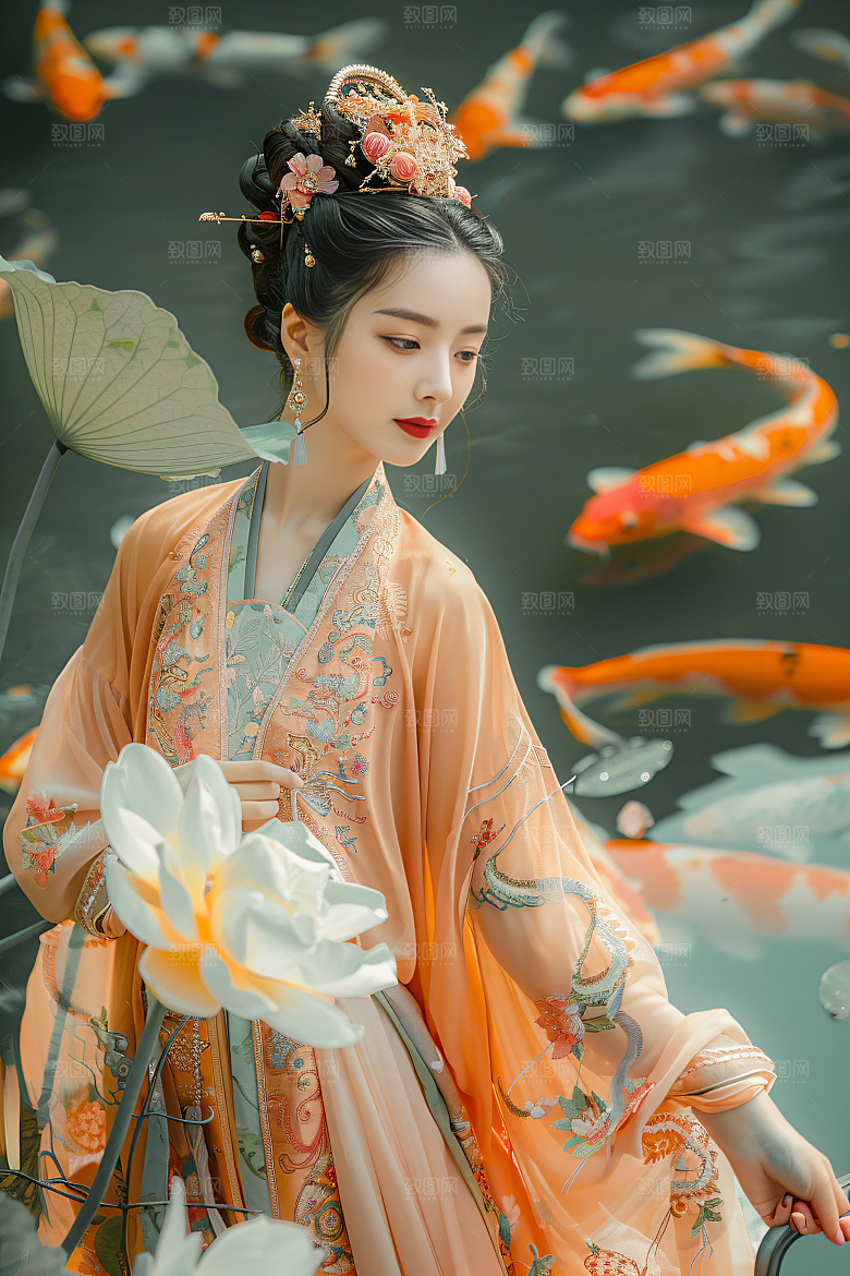 锦鲤汉服美女高清肖像素材