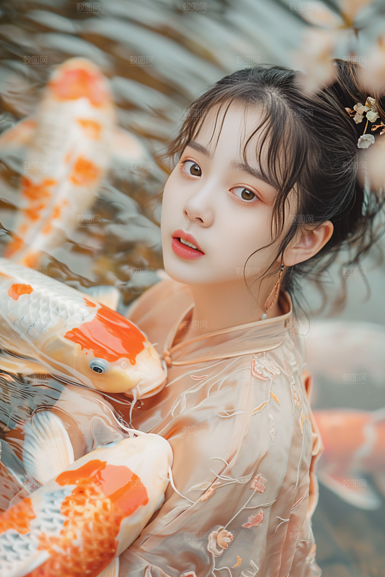 锦鲤汉服美女精致古风素材