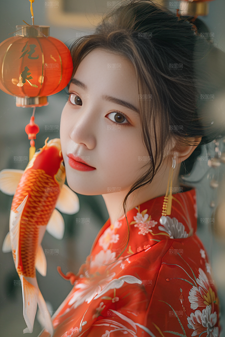 锦鲤汉服美女高清唯美素材