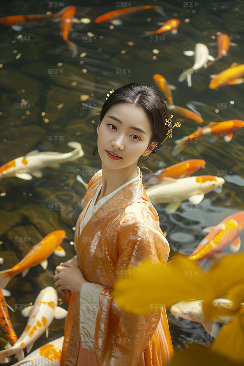 锦鲤汉服美女金鱼吉祥素材