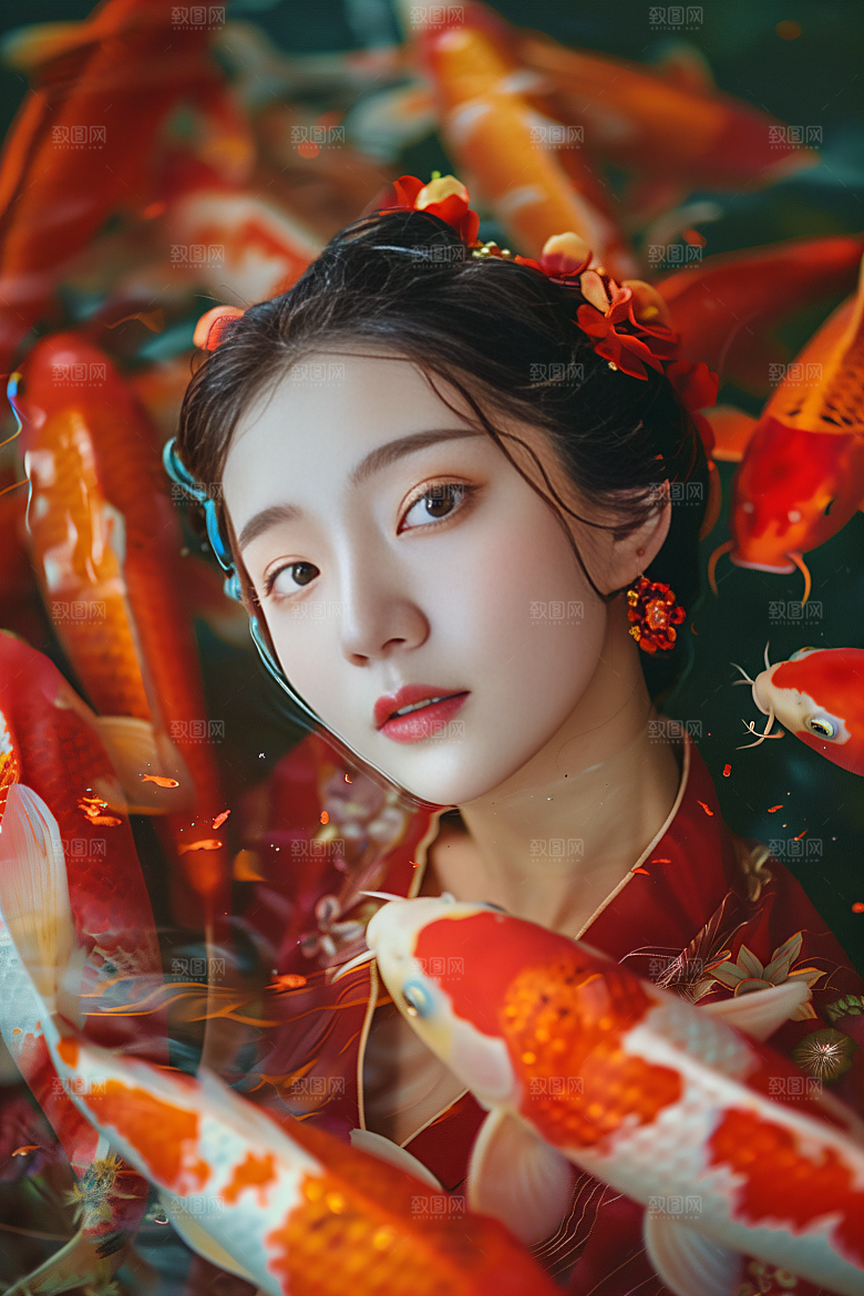 锦鲤汉服美女中国风唯美素材