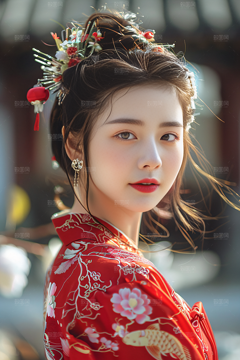 锦鲤汉服美女优雅唯美素材
