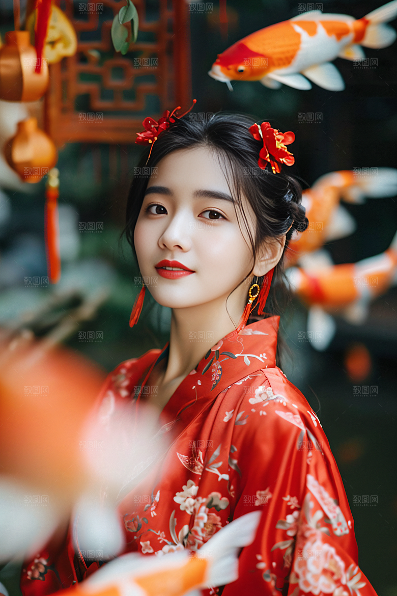 锦鲤汉服美女中国风肖像素材