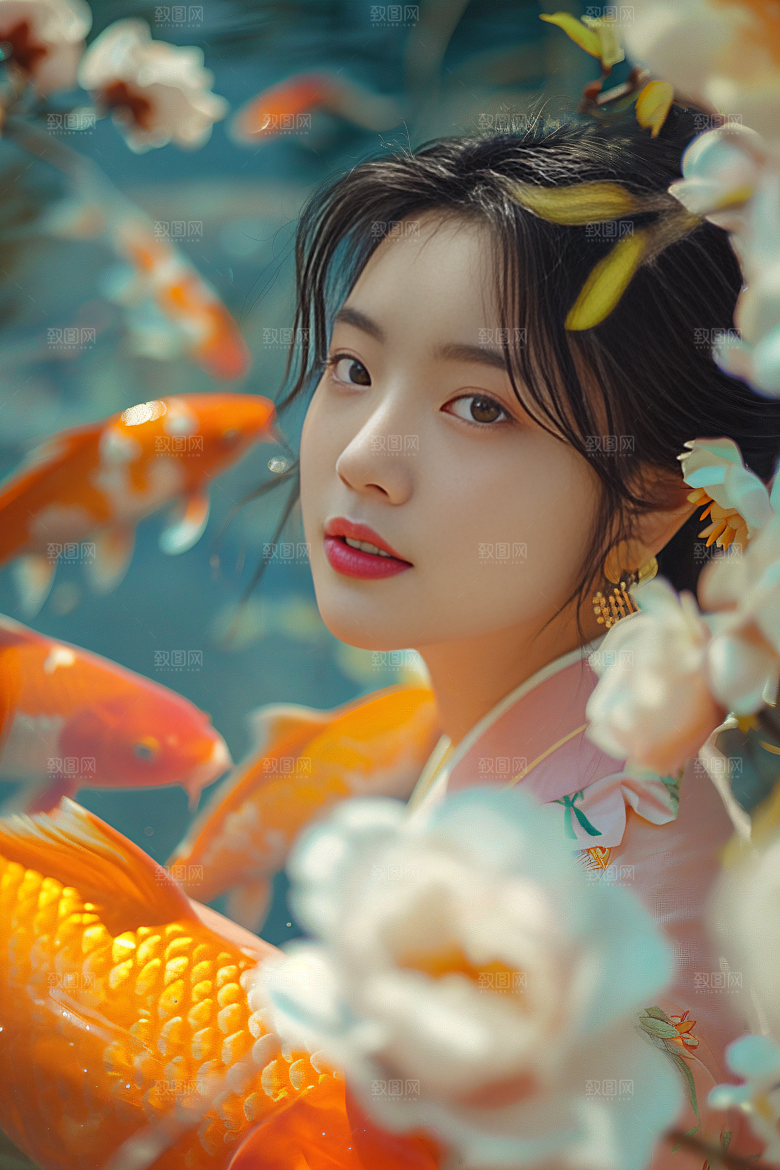 锦鲤汉服美女中国风古风素材