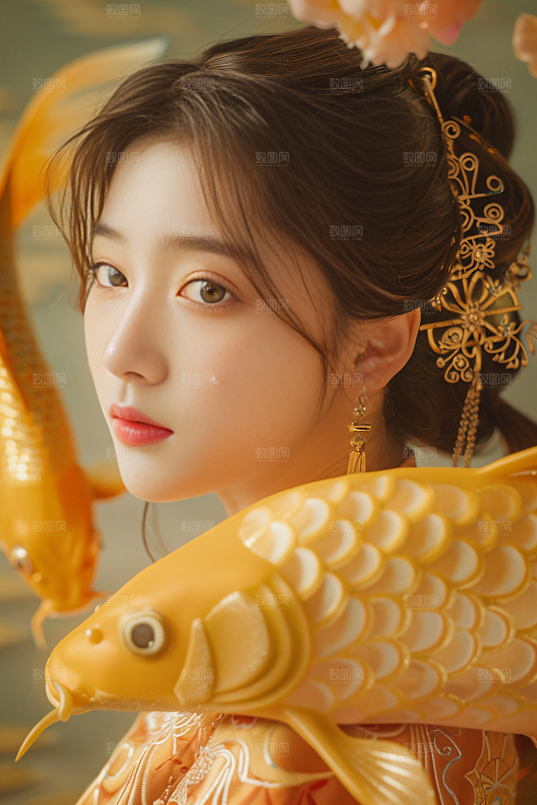 锦鲤汉服美女古风优雅素材