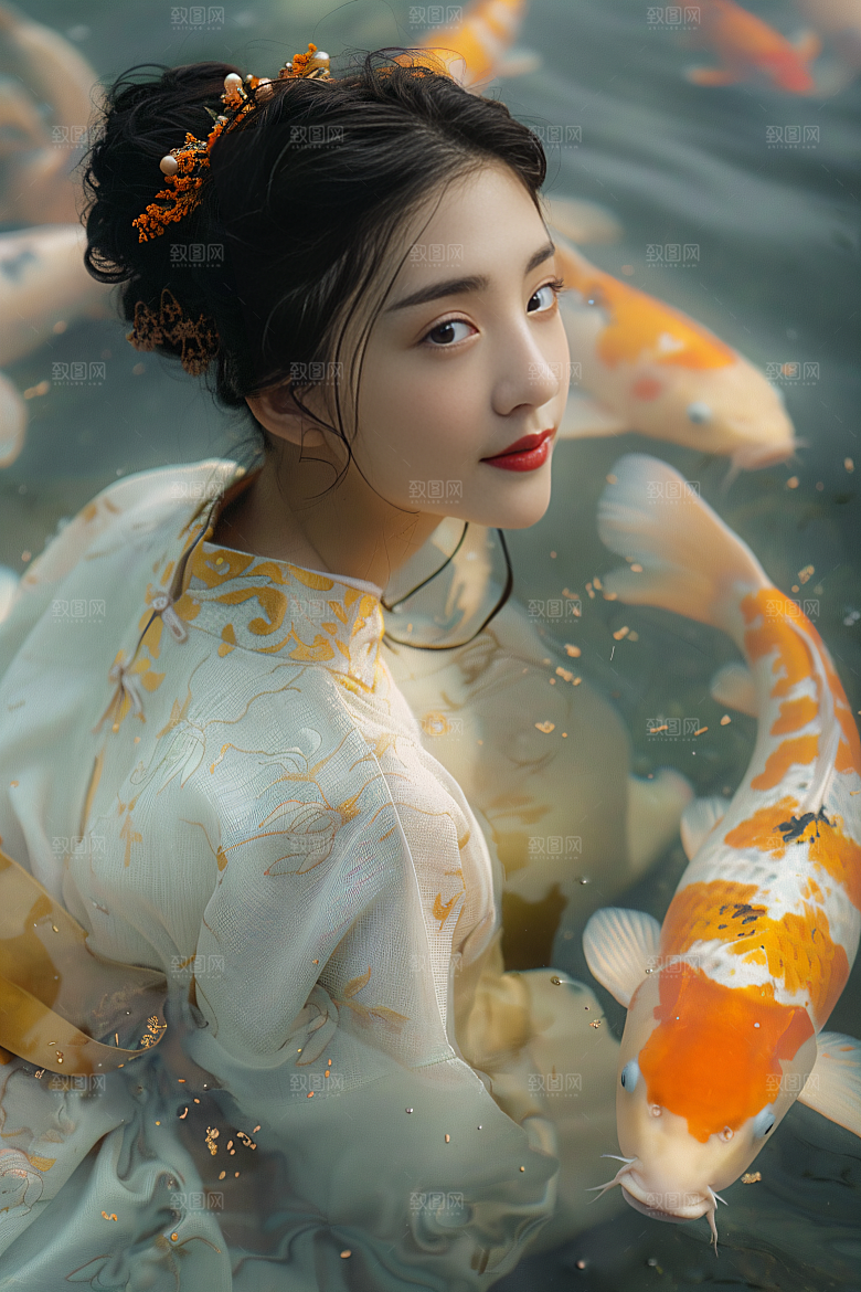 锦鲤汉服美女中国风优雅素材