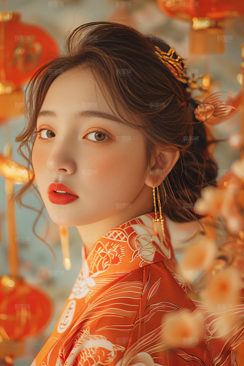 锦鲤汉服美女传统吉祥素材