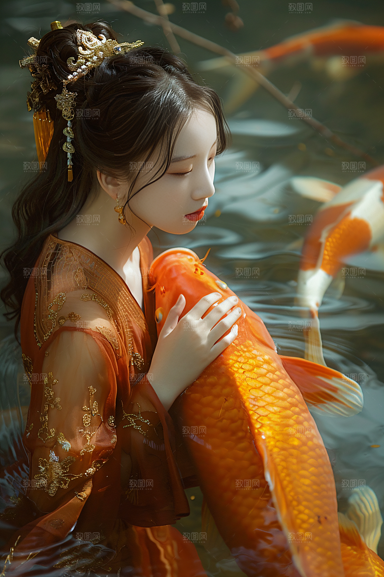 锦鲤汉服美女传统吉祥素材