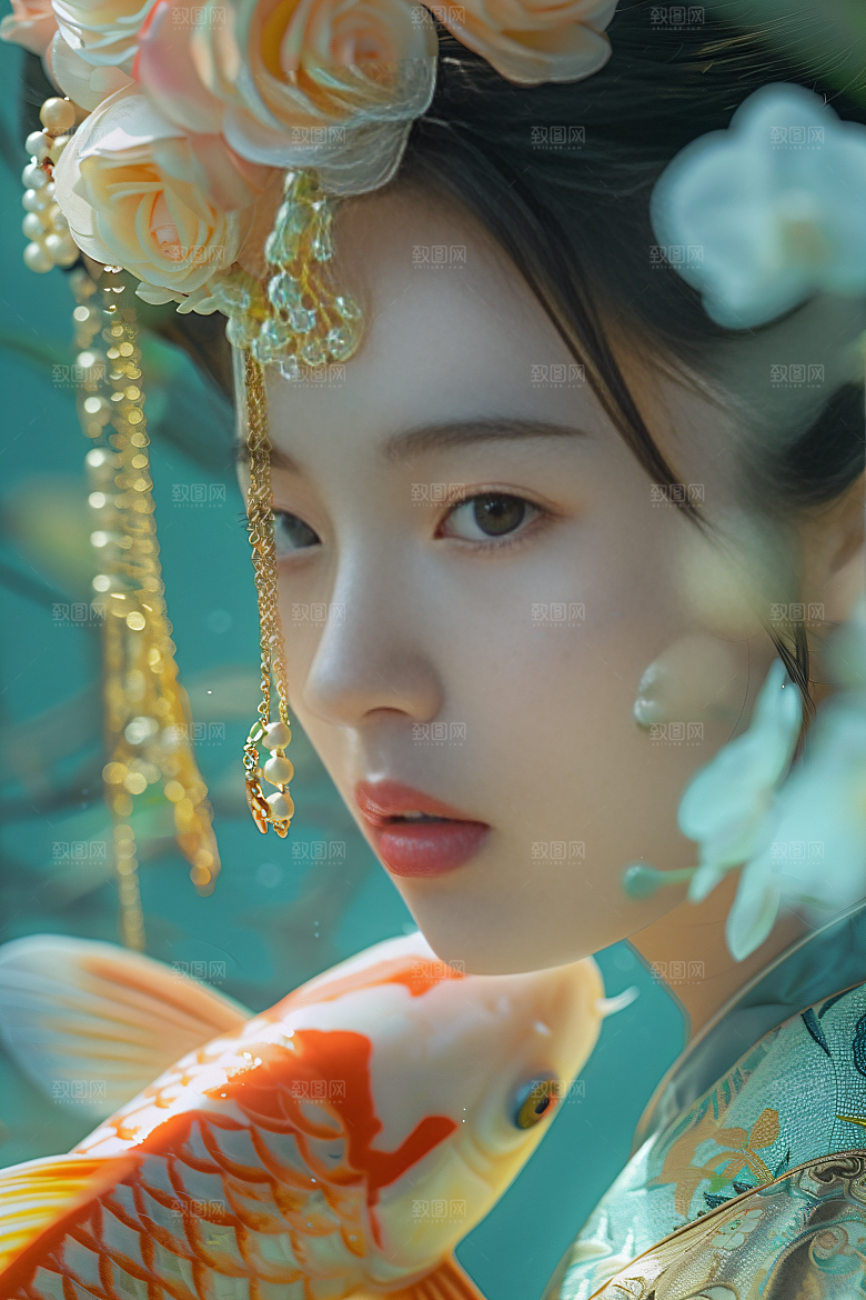 锦鲤汉服美女古风吉祥素材
