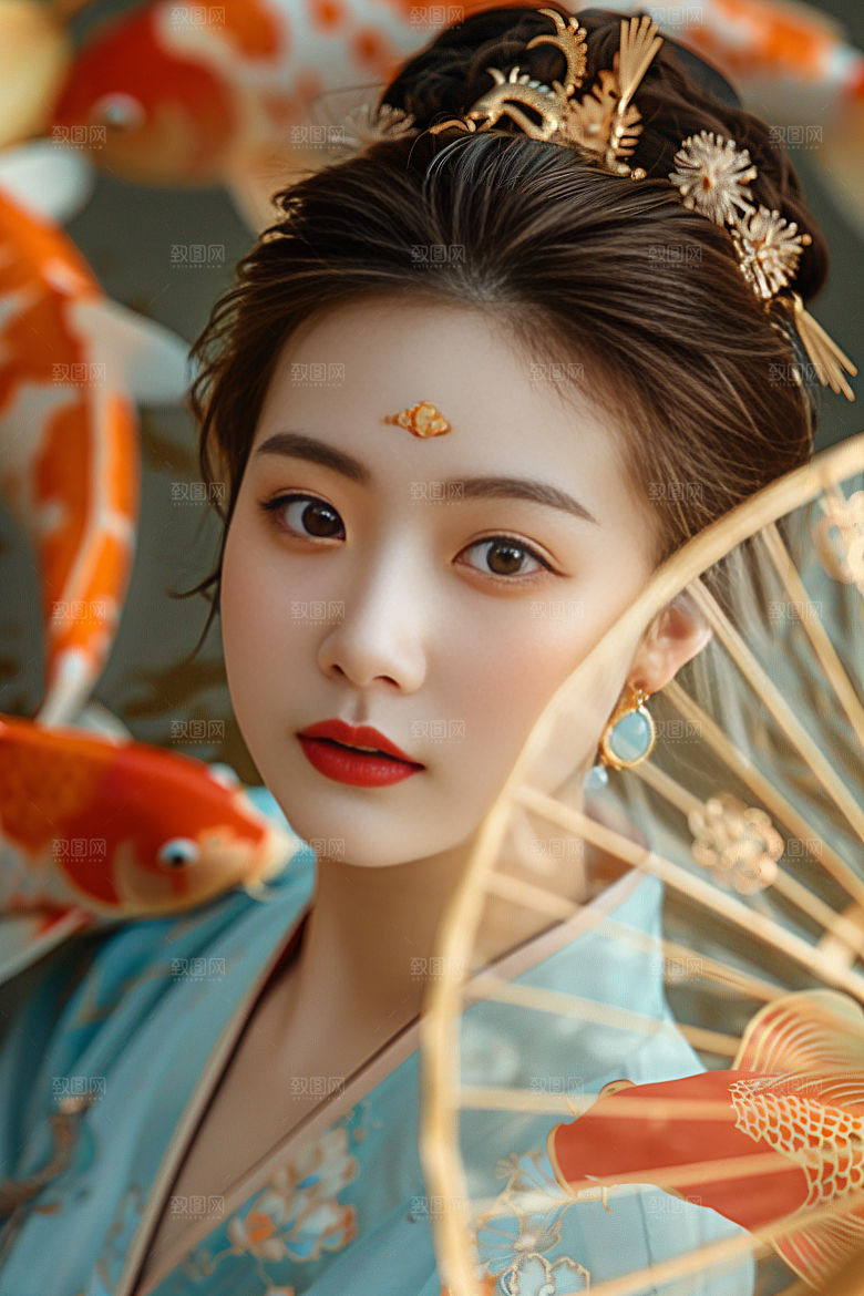 锦鲤汉服美女金鱼肖像素材