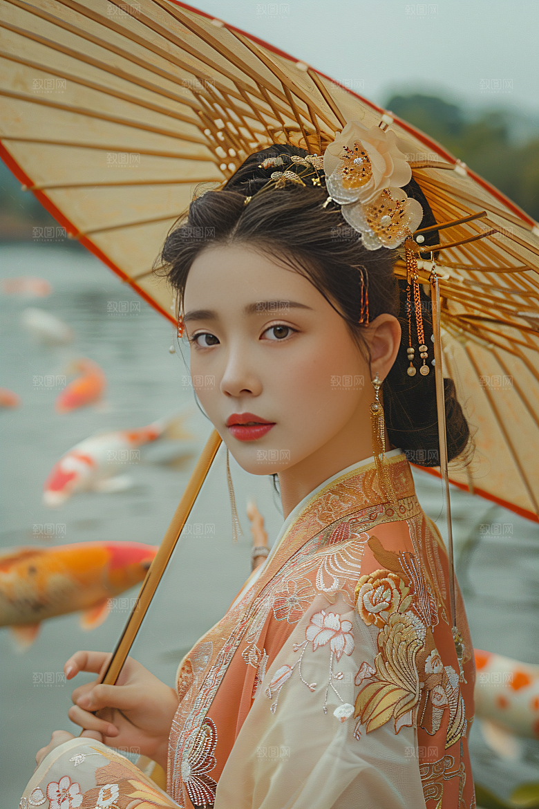 锦鲤汉服美女传统优雅素材