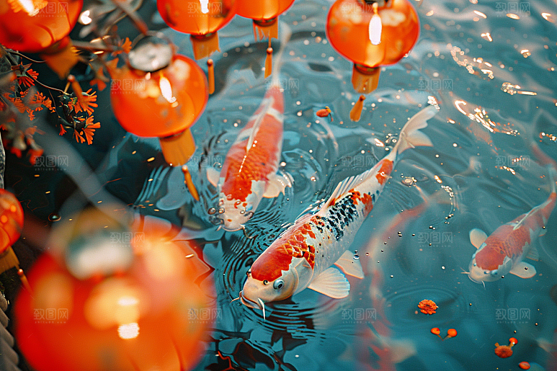 池塘锦鲤鱼塘祈福素材