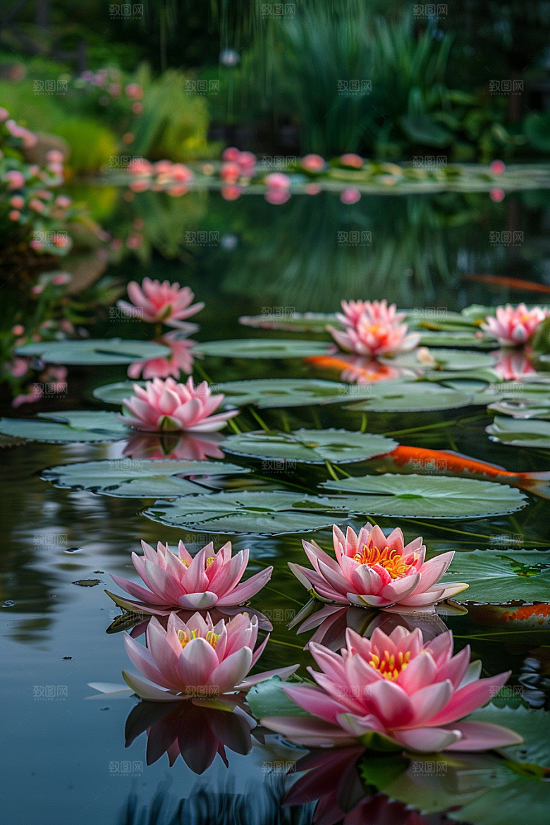 池塘锦鲤中式鱼塘素材