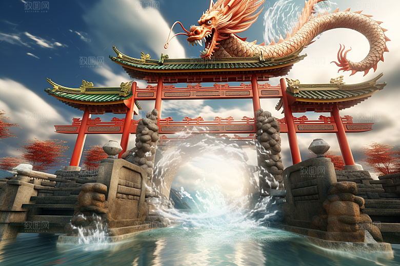 喜庆龙门3D鲤鱼背景