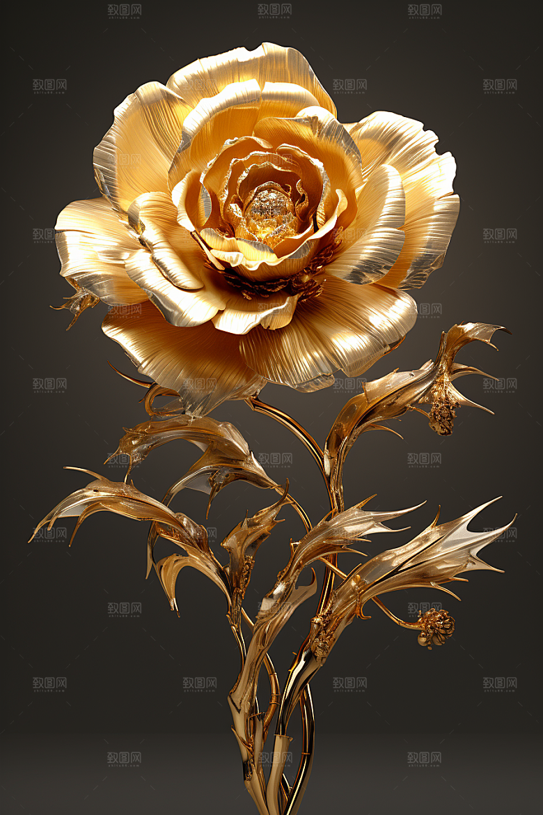 金色琉璃花光泽水晶模型