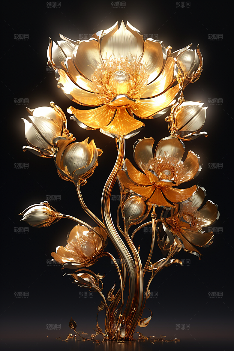金色琉璃花光泽立体模型