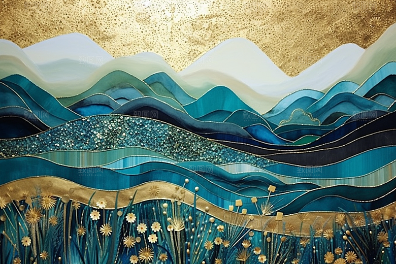 金色山水水墨剪影装饰画