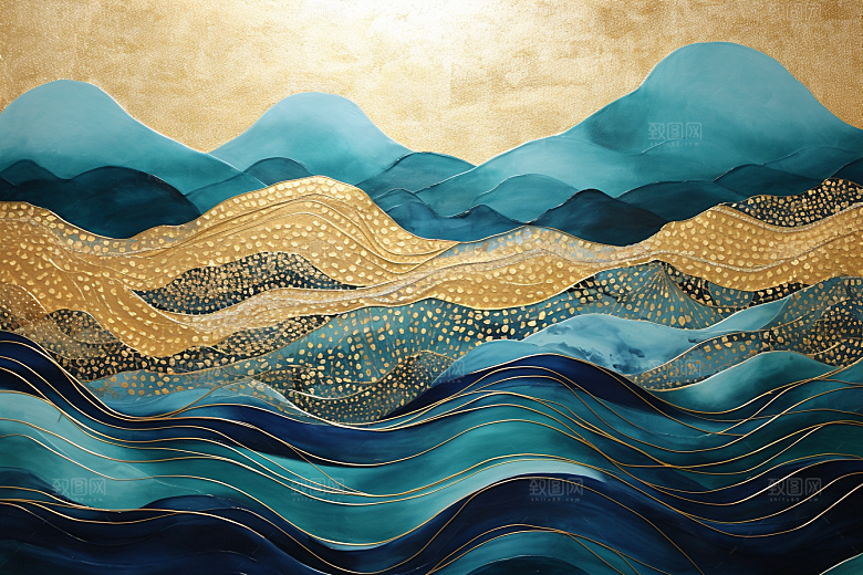金色山水抽象新中式装饰画