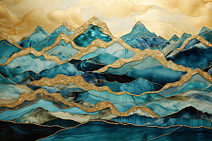 金色山水国潮背景装饰画