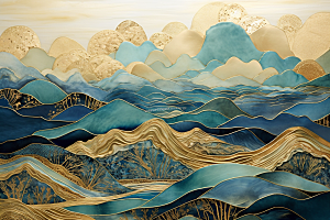 金色山水抽象剪影装饰画