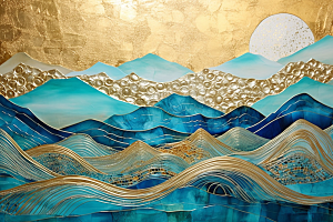 金色山水新中式质感装饰画