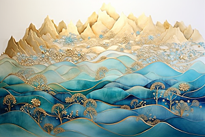 金色山水剪影抽象装饰画