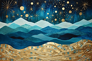金色山水国潮抽象装饰画
