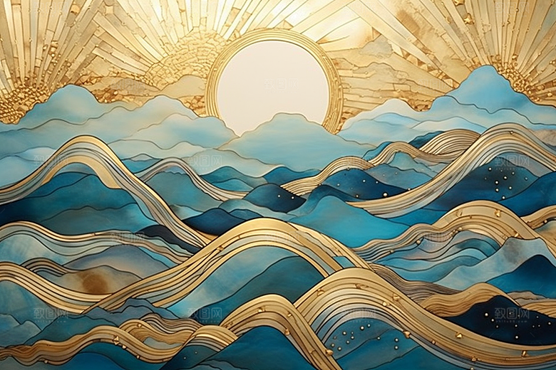 金色山水中国风水墨装饰画
